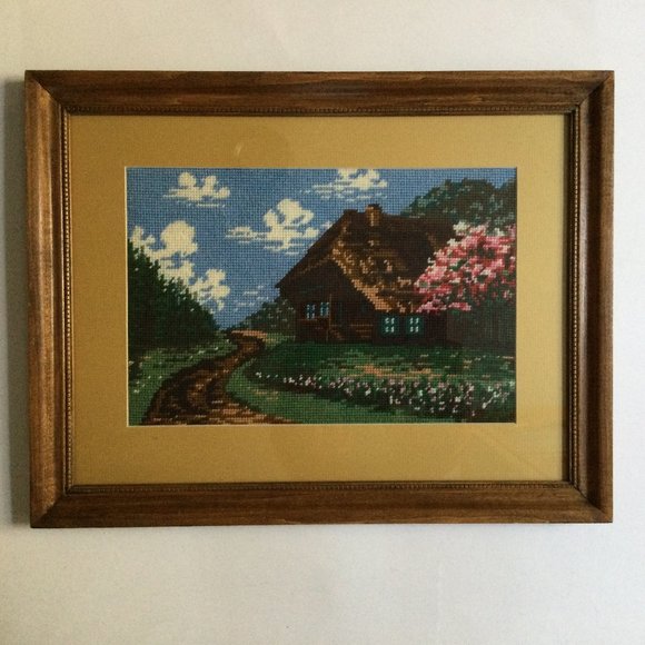 Embroidery needlework yarn art picture landscape house flower framed 46cm x 36cm - Picture 1 of 3
